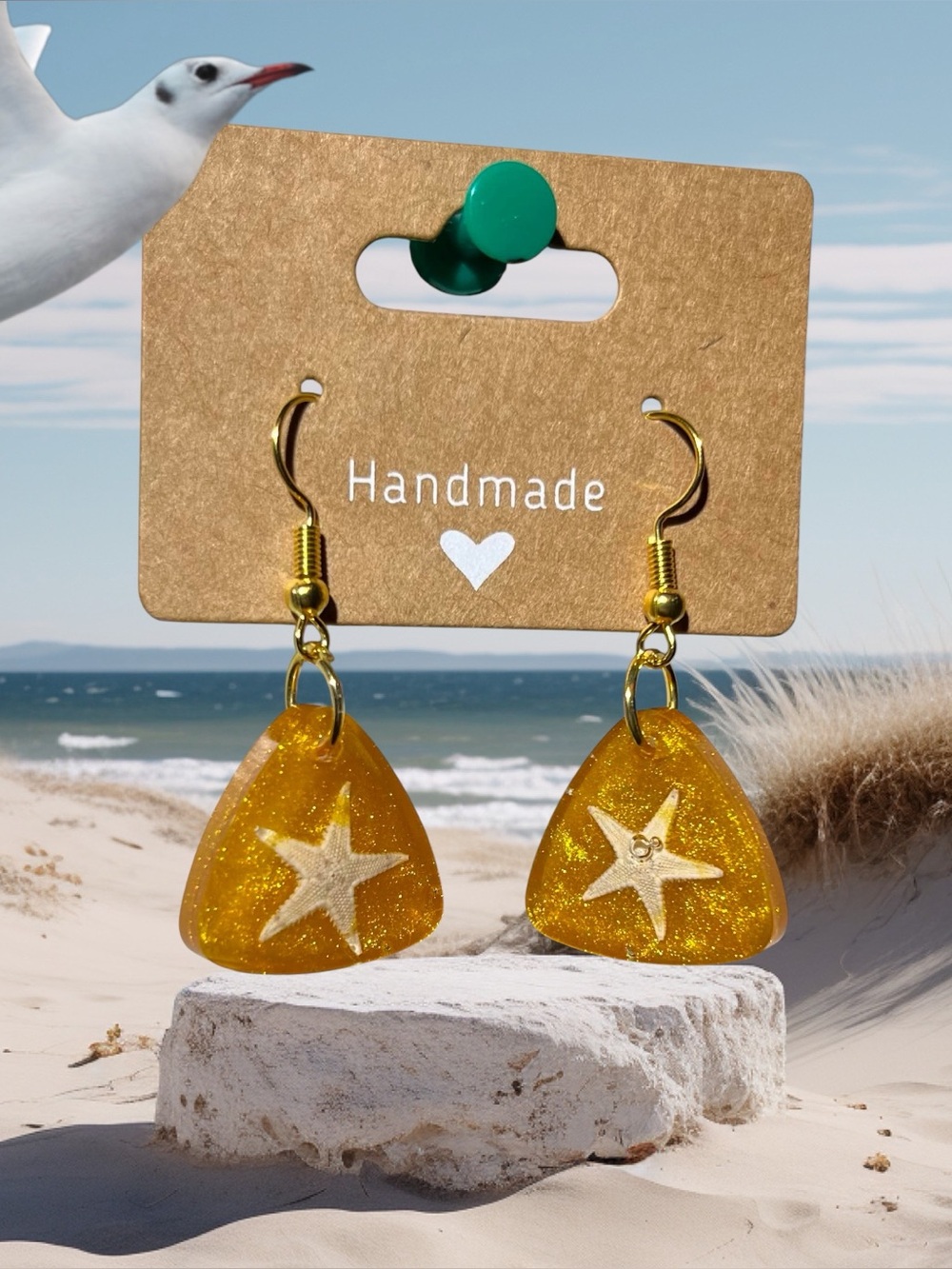 Handmade Gold Starfish Glitter Drop Earrings